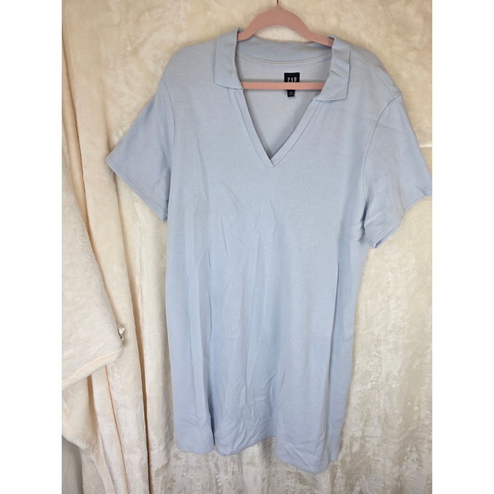 GAP Mens XXL Light Blue Cotton Pique Short‎ Sleeve V-Neck Polo Shirt Casual Top